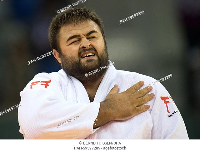 Adam Okruashvili of Georgia celebrates after winning gold in the Men's +100kg Final at the Baku 2015 European Games in Heydar Aliyev Arena in Baku, Azerbaijan