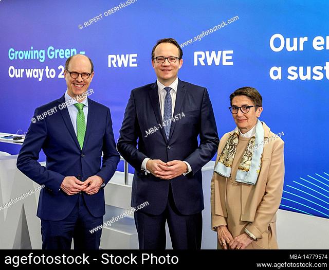 Essen, North Rhine-Westphalia, Germany - RWE CEO Markus Krebber (center), Labor Director CHO Zvezdana Seeger (right), and CFO Michael Mueller (left)
