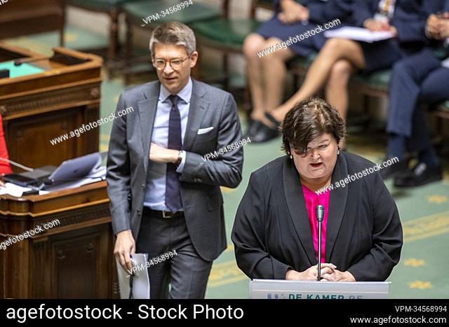 Vice-prime minister and minister of Economy and Work Pierre-Yves Dermagne and Open Vld's Maggie De Block a plenary session of the Chamber at the Federal...