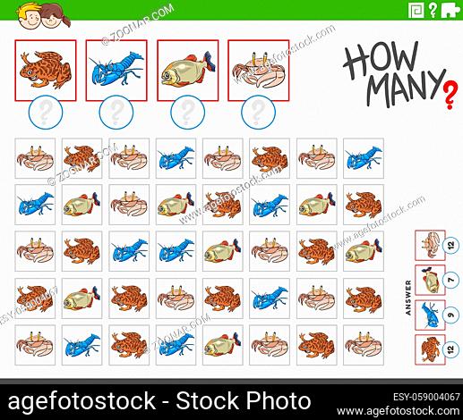 Illustration of educational counting task for children with funny cartoon animal characters