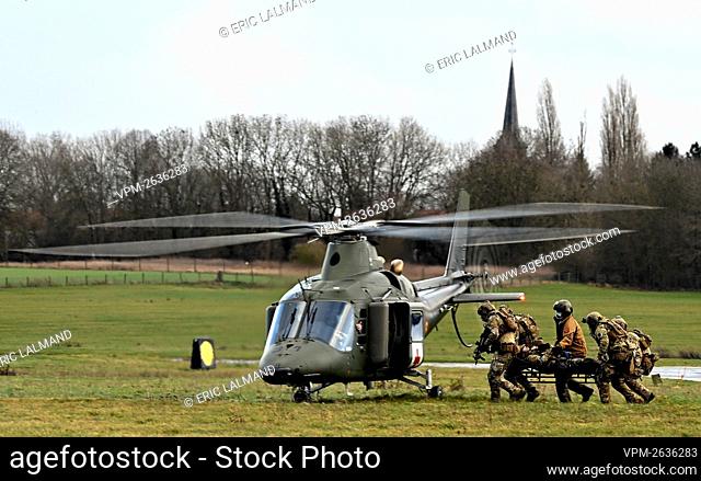 Illustration picture shows the Agusta helicopter and soldiers in action during a visit of Belgian Defence Minister to Beauvechain Military Air Base