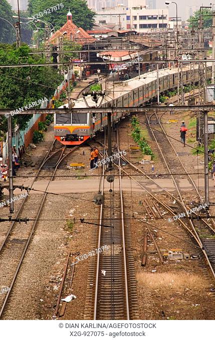 Scene of a train station in Jakarta from high vantage point, Indonesia