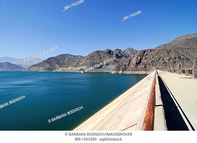 Dam, Puclaro reservoir, storage lake, lake, water, mountains, Vicuna, Valle d'Elqui, Elqui valley, La Serena, Norte Chico, northern Chile, Chile, South America