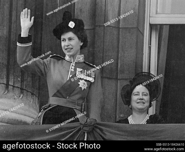 Queens At Palace After Trooping - The Queen waves from the balcony of Buckingham palace to watching crowds below, as with the Queen Mother she appeared on the...