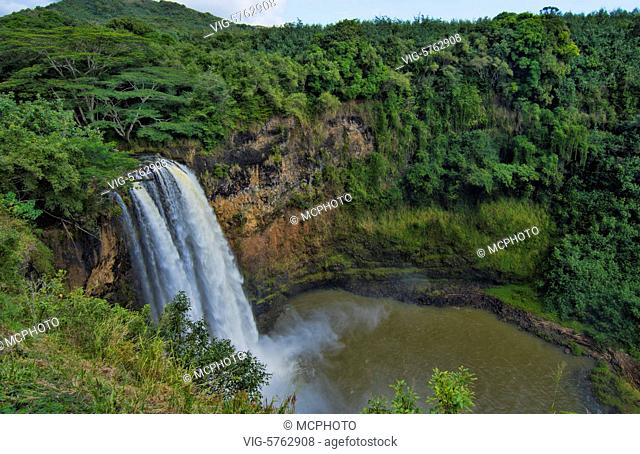 Kauai Hawaii Wailua Falls famous TV falls with water flow into lake tourist attraction - 30/07/2016