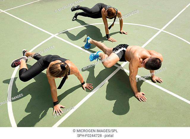 Plank obliques exercise, fitness team promoting insanity workout