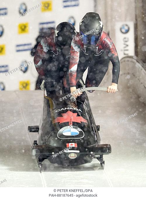 The Canadian bobsleigh team with Alysia Rissling (front) and Cynthia Appiah in action during the 1st two-women run of the FIBT World Championship 2017 in...