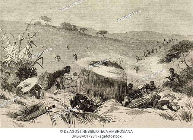 Zulu warriors advancing, seen from Fort Ewoke, Anglo-Zulu War, illustration from the magazine The Graphic, volume XIX, no 495, May 24, 1879