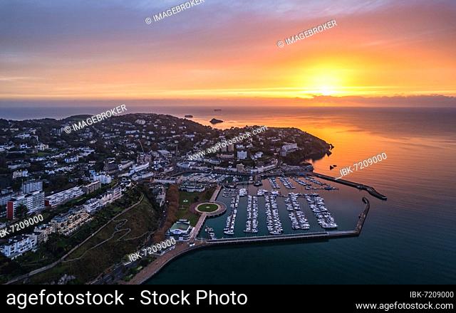 View over Torquay and Torquay Marina , aerial view, in sunrise time, Torbay, Devon, England, United Kingdom, Europe