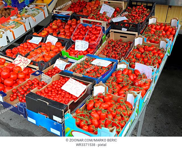 Fresh Tomato Selection From Italy at Market Stall