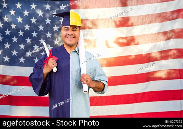 Split screen male hispanic graduate in cap and gown to engineer in hard hat in front of american flag