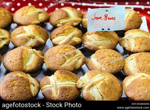 Close up of delicious jam buns in bakery