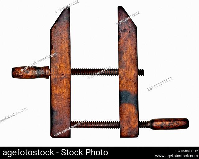 vintage hand screw wooden clamp isolated on white background, clipping path