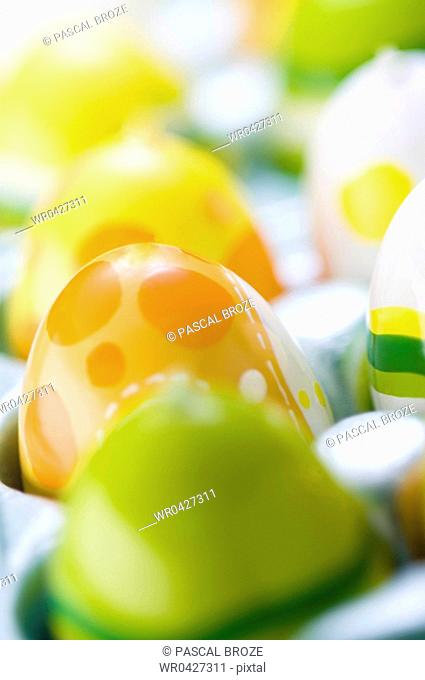 Close-up of Easter eggs in an egg carton