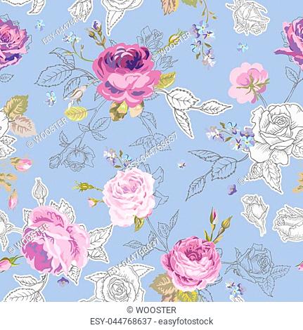 Floral Seamless Pattern with Roses in Sketched Outline Style. Flowers Unfinished Hand Drawn Background for Fabric, Print, Wrapping Paper, Decor