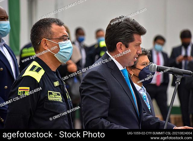 Police Major general Jorge Luis Vargas (Left), Colombia's minister of defense Diego Molano (Center), and Mayor of Bogota Claudia Lopez (Right) as Colombia's...