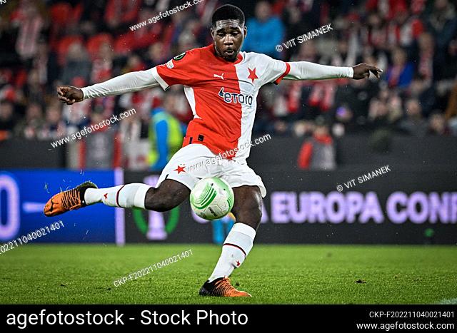Christ Tiehi of Slavia in action during the Group G, 6th round soccer match of the European Conference League SK Slavia Praha vs Sivasspor, in Prague