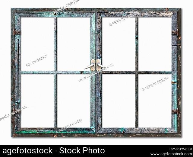 Very aged wooden window frame with cracked paint on it, mounted on a grunge wall. The glass section is isolated on white background