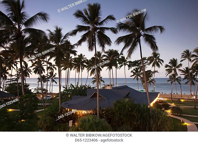 Dominican Republic, Samana Peninsula, Las Terrenas, Playa Las Terrenas and Alisei Hotel, dusk