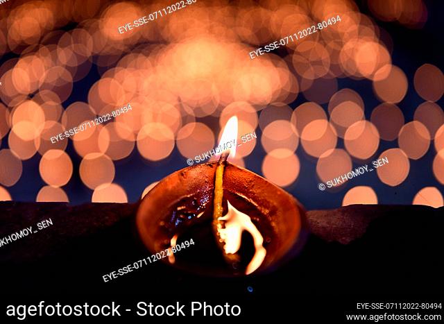 November 7, 2022, Kolkata, India: Illuminated stair cases of ghats on Ganga are seen on the occasion of Dev Deepavali, is the festival of Kartik Poornima