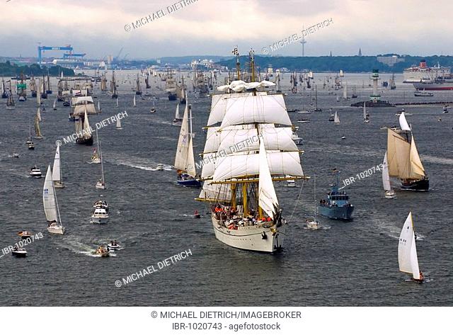 Parade of windjammers at the Kieler Woche 2008, Kiel Week 2008 with the sail training ship Gorch Fock of the German navy as the command ship and other...