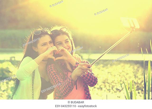 Two pretty teenage girls making heart shape with hands and taking selfie on mobile phone with stick in the nature beside river. Positive emotions