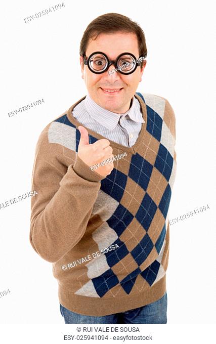 geek man going thumbs up, isolated on white