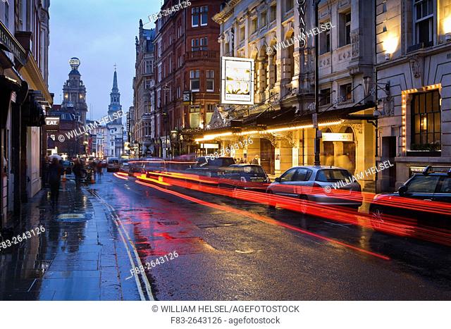 London, England, St. Martin's Lane at dusk, Noel Coward Theatre, Duke of York Theatre, Coliseum, Church of St. Martin-in-the-Fields, pubs and restaurants