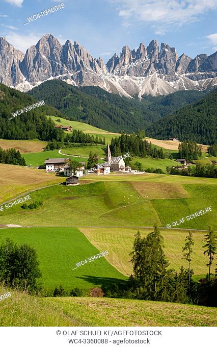 St. Magdalena, Villnoess, Trentino-Alto, South Tyrol, Italy, Europe - The Nature Park of the Villnoess Valley with Dolomite mountains of the Puez Geisler Group