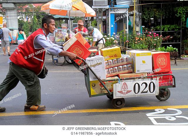 Thailand, Bangkok, Chatuchak, Jatujak Weekend Market, J.J., marketplace, flea, shopping, Asian, man, job, cart, pushing, delivering, boxes