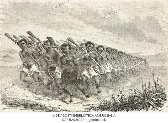 Maori war dance, from Travel in New Zealand (1858-1860) by Ferdinand von Hochstetter (1829-1884), drawing by Emile Bayard (1837-1891)