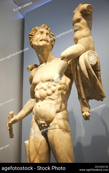 Statues of Satyr with baby Dionysos in Aphrodisias Ancient City Museum inside the Aphrodisias Archaeological Site, a sanctuary dedicated to the goddess...