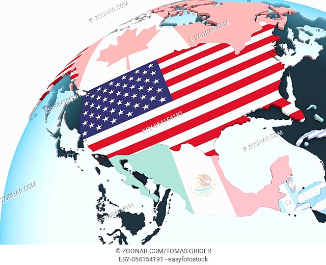 USA on bright political globe with embedded flag. 3D illustration