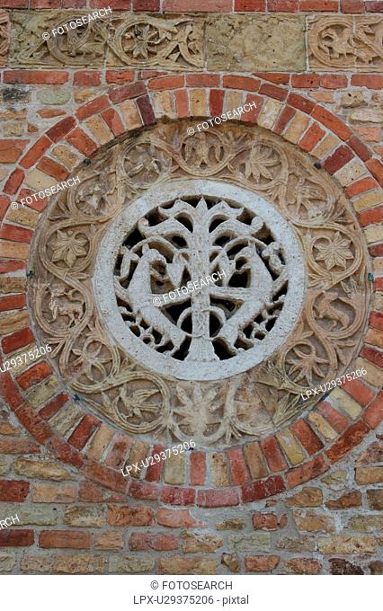 Abbey of Pomposa, Codigoro, detail of church exterior wall decoration in terra cotta