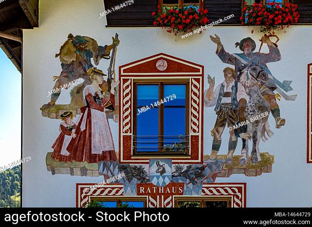 Window with Lüftlmalerei, town hall, Bayrischzell, Upper Bavaria, Bavaria, Germany, Europe