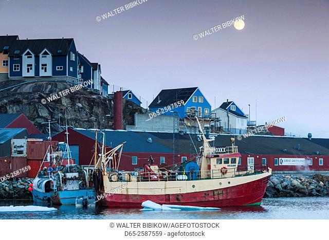 Greenland, Qaqortoq, town harbor and moonrise