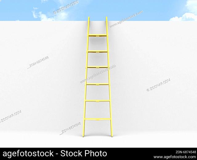Yellow step ladder leaned against gray wall and clear, cloudy weather