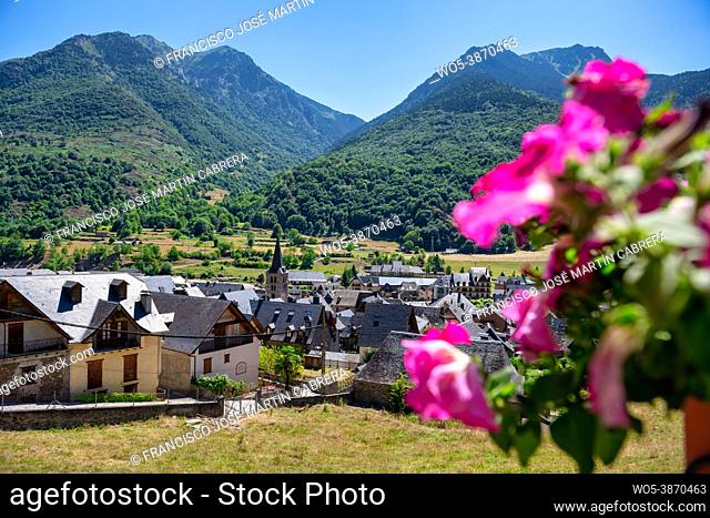 General view of the Pyrenean village of Bosost, located in the Aran Valley, Spain