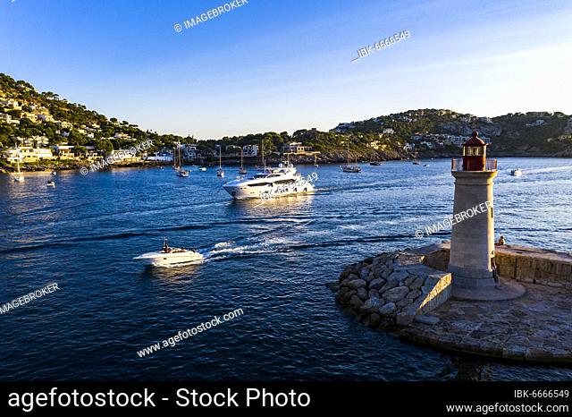 Aerial view, Andratx, Port d'Andratx, coast and natural harbour at dusk, Malloca, Balearic Islands, Spain, Europe