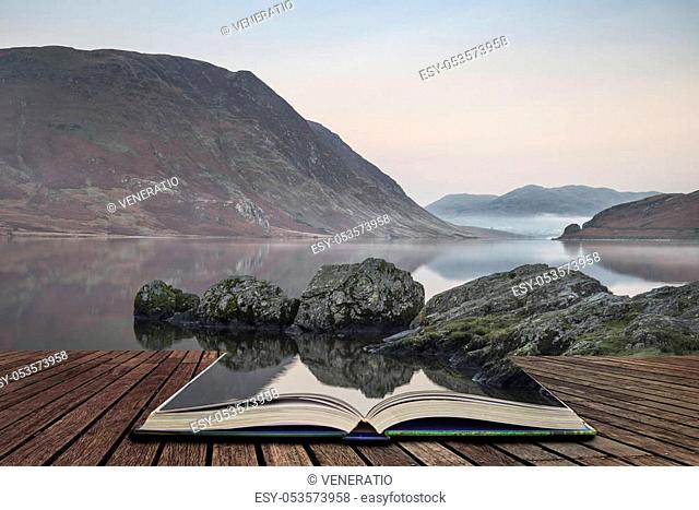 Beautiful Winter foggy sunrise on Crummock Water in Lake District England concept coming out of pages in open book