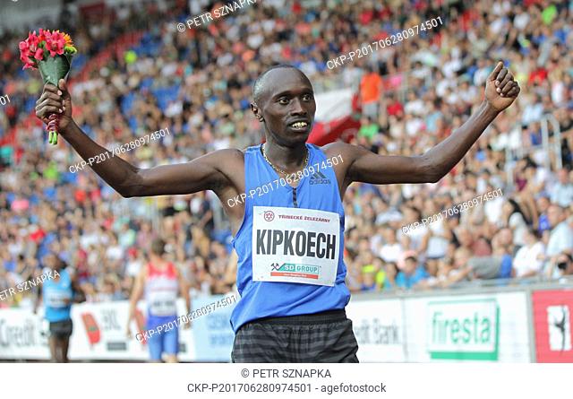 Kenyan athlete Nicholas Kipkoech celebrates his win in the 1000 metres race during the Golden Spike Ostrava athletic meeting in Ostrava, Czech Republic