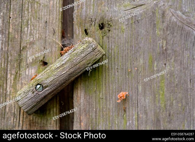 alte rustikale Holztür einer Scheune mit origniellem Griff - Nahaufnahme