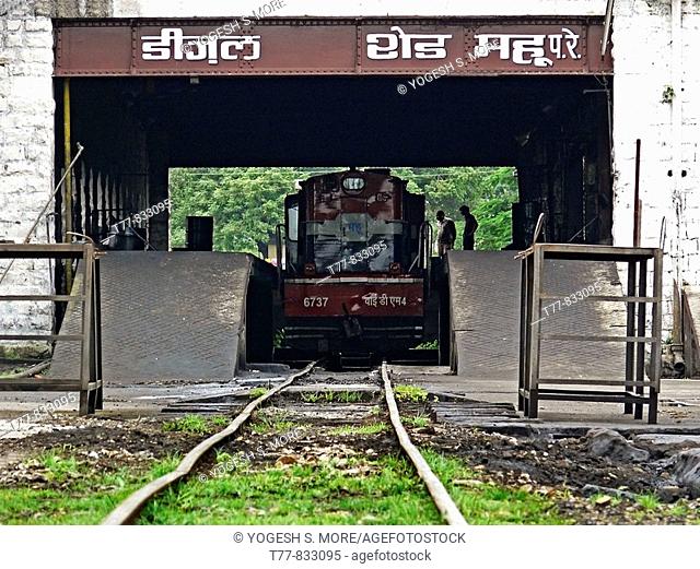 Railway Diesel Engine on Meter gauge in a loco shade  Mhow, Madhyapradesh, India