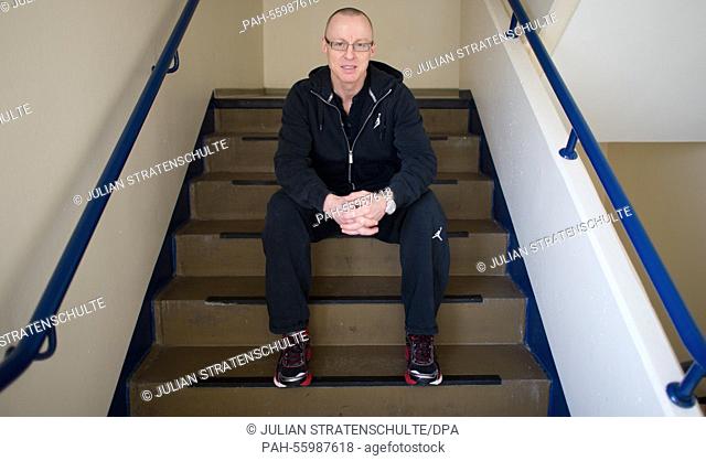 Ultramarathon runner Horst Liebetruth sits on the stairs of the Annastift hopsice in Hanover, Germany, 19 February 2015. The 50-year-old is organising a stair...