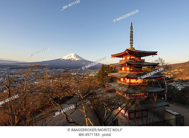 Five-storey pagoda, Chureito Pagoda, with views over Fujiyoshida City and Mount Fuji volcano at morning sun, Yamanashi Prefecture, Japan, Asia