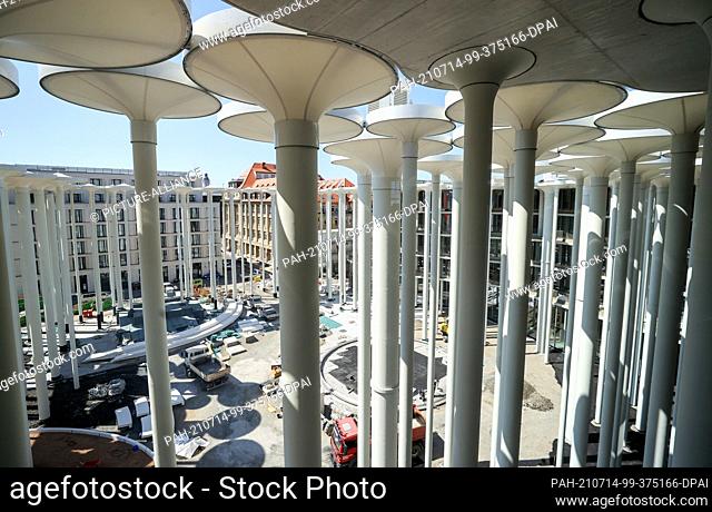 FILED - 17 June 2021, Saxony, Leipzig: The final work on the floor of the colonnaded garden with 159 columns in front of the new building of the Sächsische...