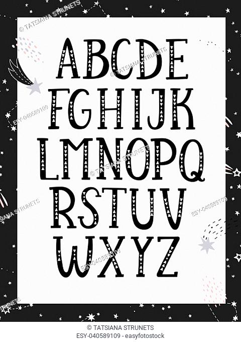 Hand drawn graphic font. Black and white, monochrome alphabet. For typography poster, card and label, brochure, flyer, page and banner design