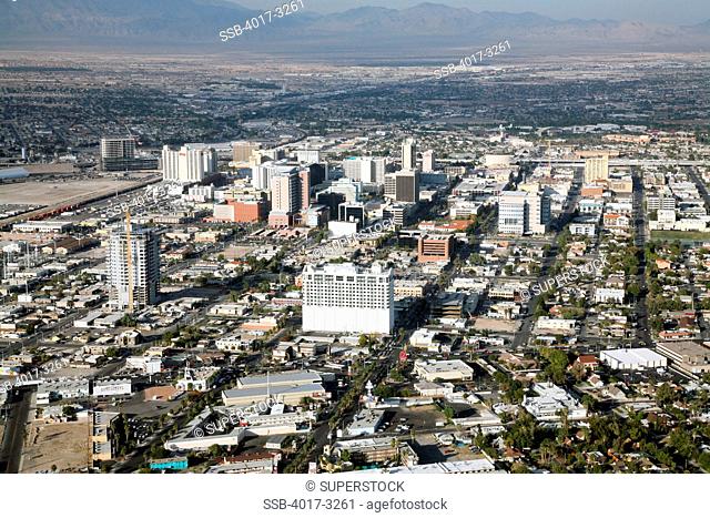 Aerial view of Downtown Las Vegas skyline, Las Vegas, Clark County, Nevada, USA