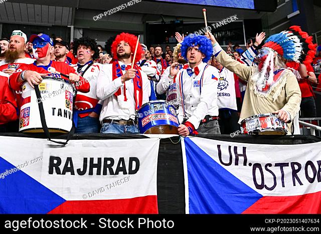 Czech fans in action during the IIHF Ice Hockey World Championship, Group B match Czech Republic vs Kazakhstan, on May 14, 2023, in Riga, Latvia