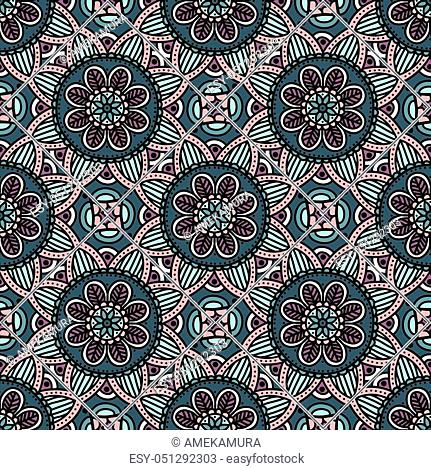 Colorful floral seamless pattern from different rhombus with mandala in patchwork boho chic style, in portuguese and moroccan motif